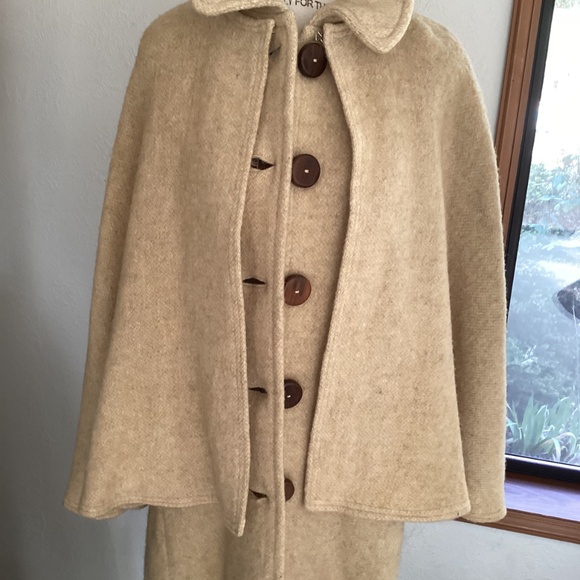 Vintage Handmade Heavy Wool Dress/Cape Cover Wood Buttons Dress - Picture 7 of 16